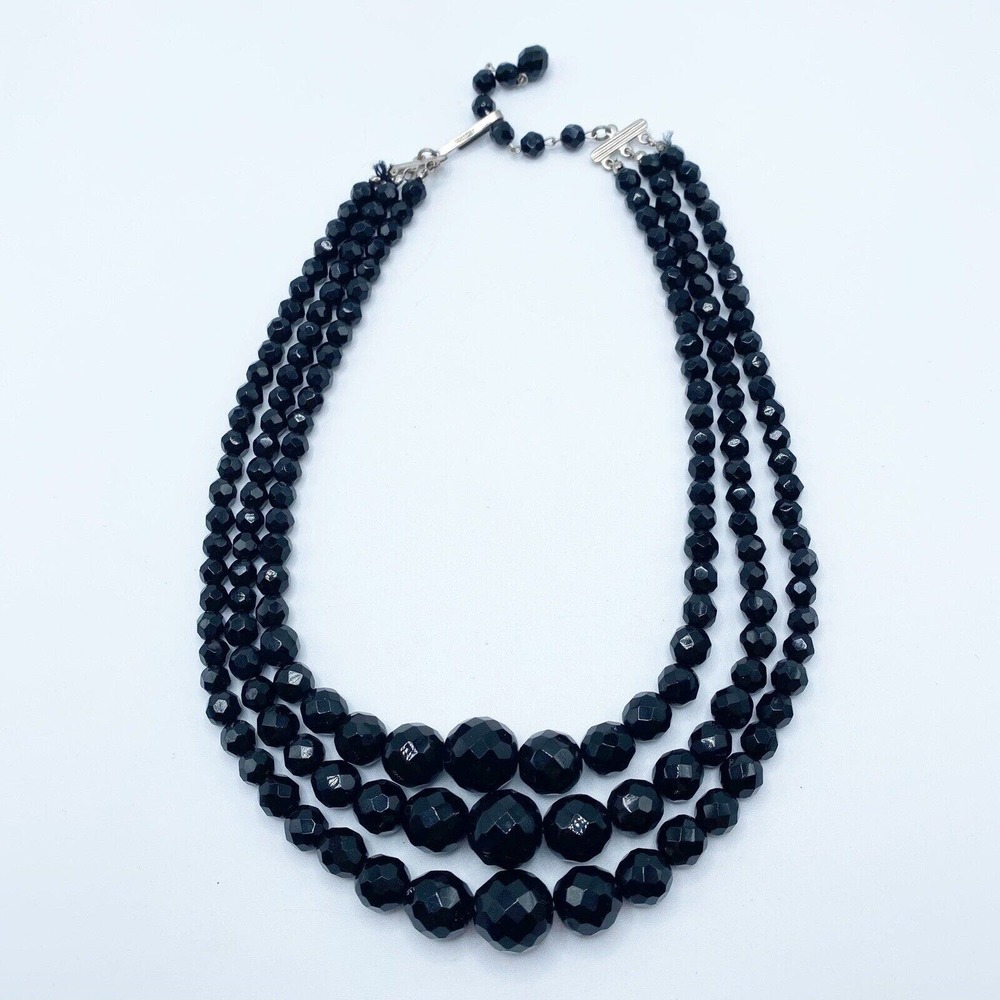 Vintage Austria Black Faceted Glass Triple Strand Necklace Pierced Earrings Set - Picture 2 of 14